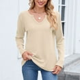 thumbnail image 2 of Fiaer,Womens Waffle Long Sleeve V Neck T Shirts,Plus Size Loose Fit Casual Tshirts for Women,Women's Trendy Basic Going out Solid Breathable Tops Beige XXL, 2 of 6