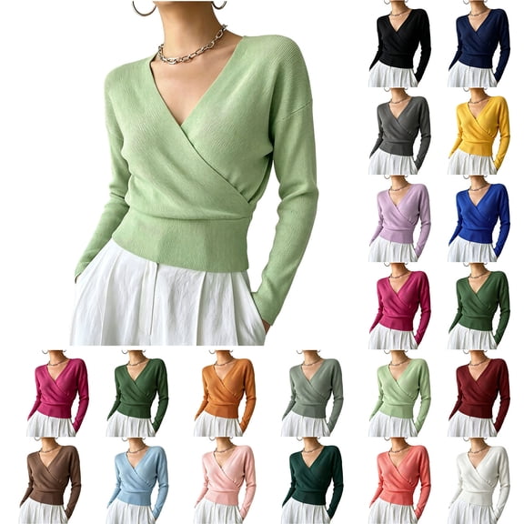 XUNKUSGA Sweaters for Women Fashion Wrap Cross V Neck Long Sleeve Knit Sweaters Classic Solid Color Slim Fit Pullover Sweaters Lightweight Soft Knit Tops for Women Army Green S
