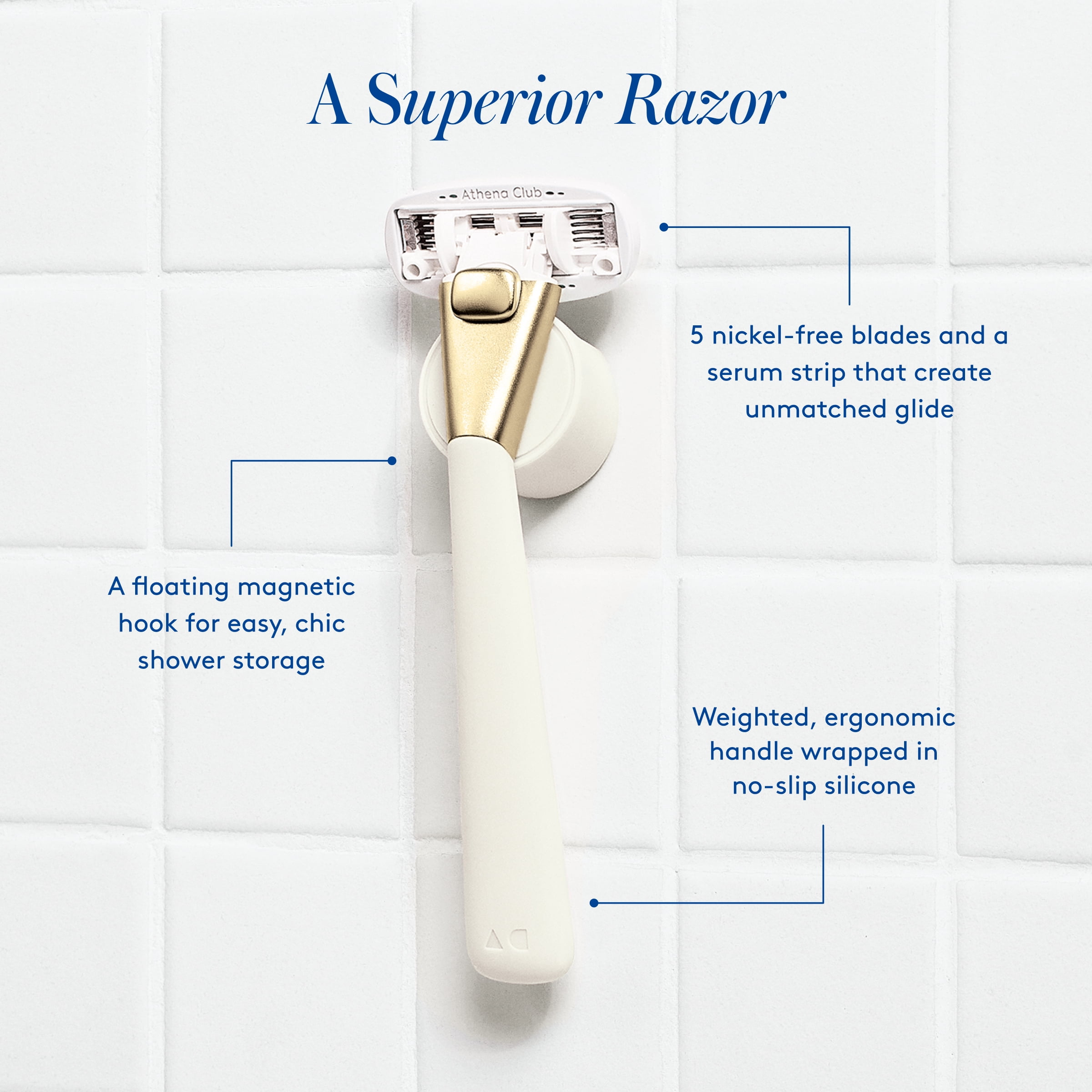 Athena Club Women's Razor Kit - Razor Handle, 2 5-Blade Refills, Shower Holder in Champagne
