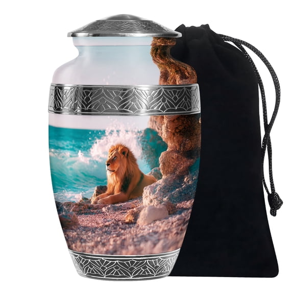 MUKTIVE Lion Burial Urn for Adult Ashes Human Mother & Father, Memorial White Funeral Urns for Adult Ashes Male & Female, Large Decoration Urns for Loved Ones, 10 Inch
