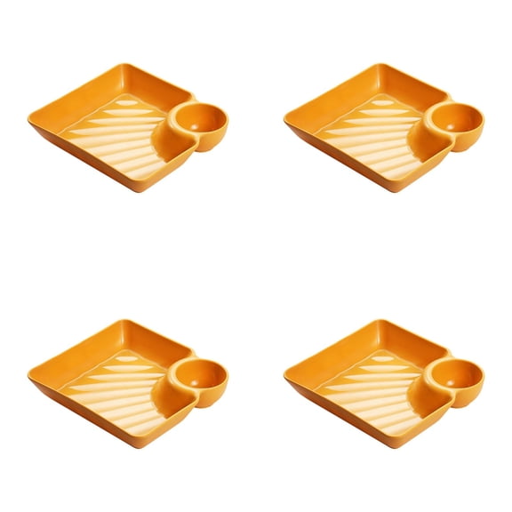 Dumpling Plates with Dipping Saucer, 4 Pack Individual Chip and Dip Serving Platter, Square Dish Tray, Serving Bowl with Sauce Rack for Party Buffet and Barbecue, Yellow
