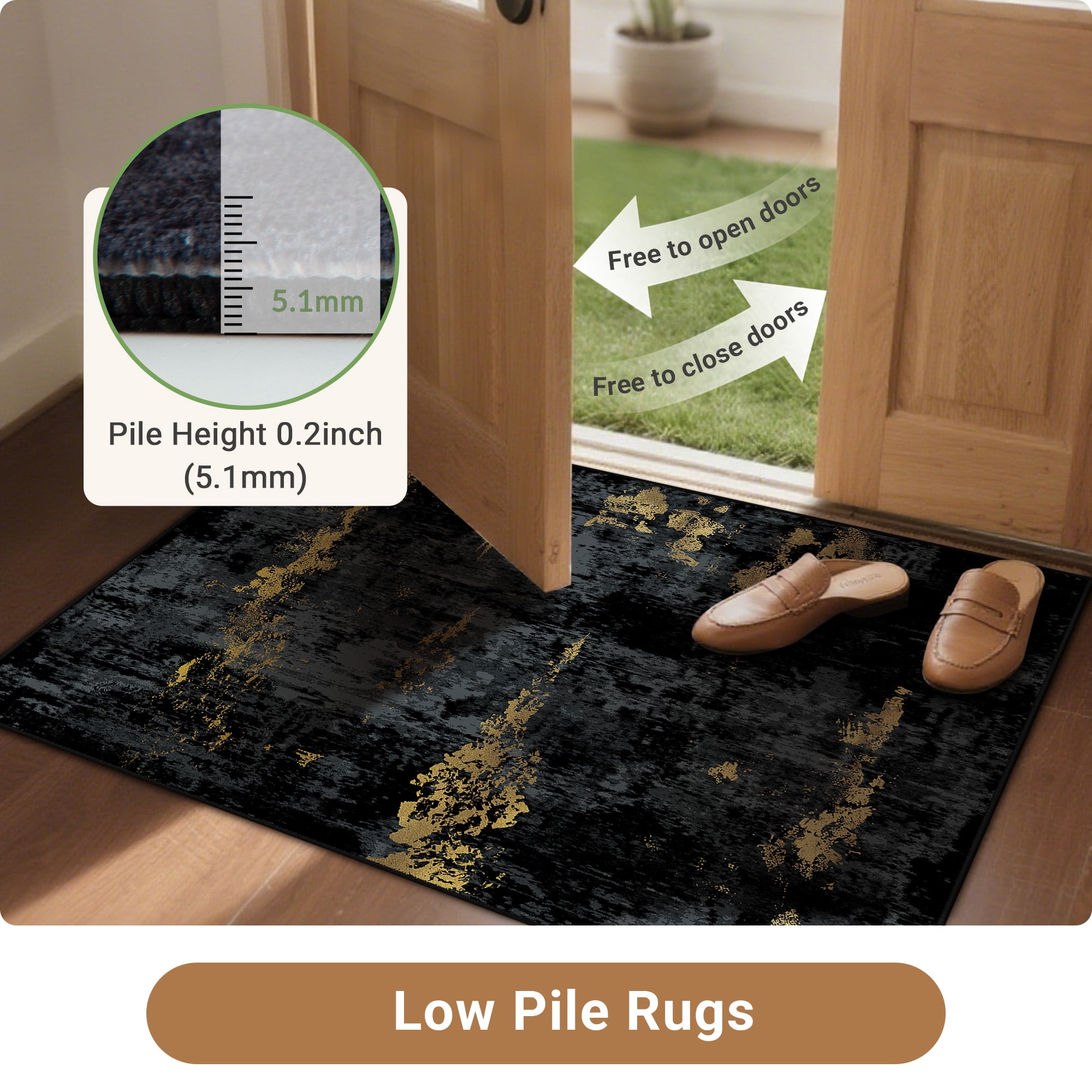 NewBuros Area Rugs 5'x7', Modern Abstract Non-Slip Washable Rugs for Living Room, Soft Low Pile Stain Resistant Indoor Carpet for Bedroom Dining Room Playroom, Dark Black Gold