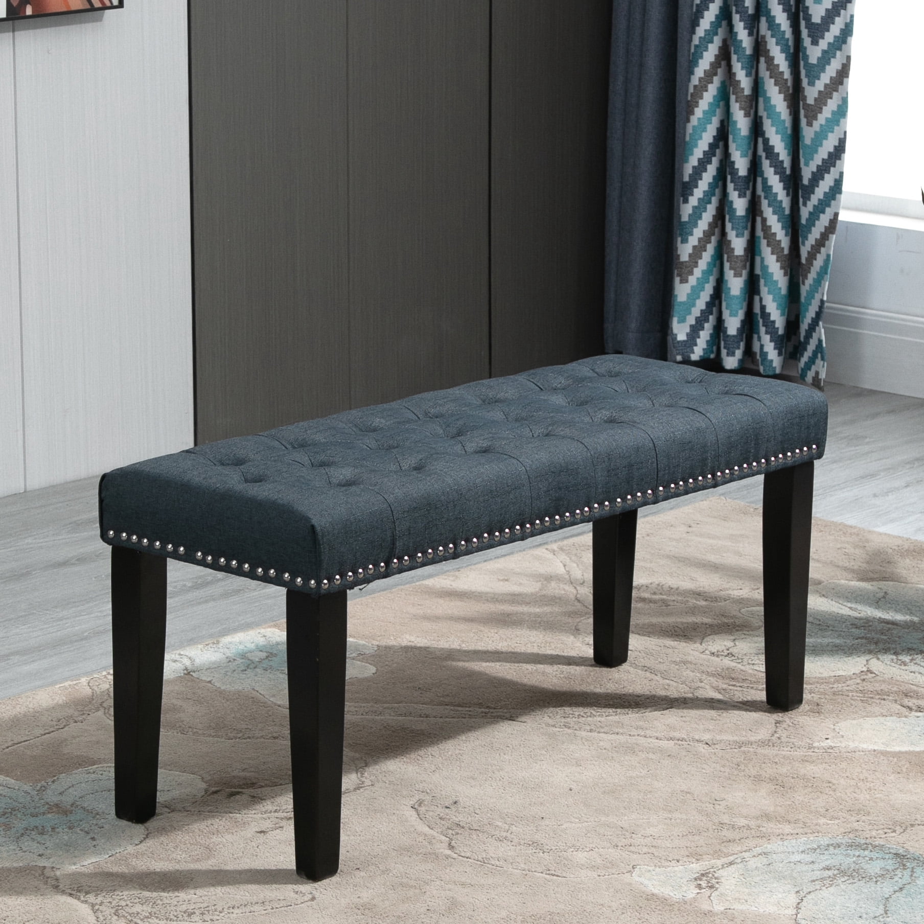 Abble W 37 in. x H 17.3  Denim Blue Upholstered Bench with Button-Tufted Seat