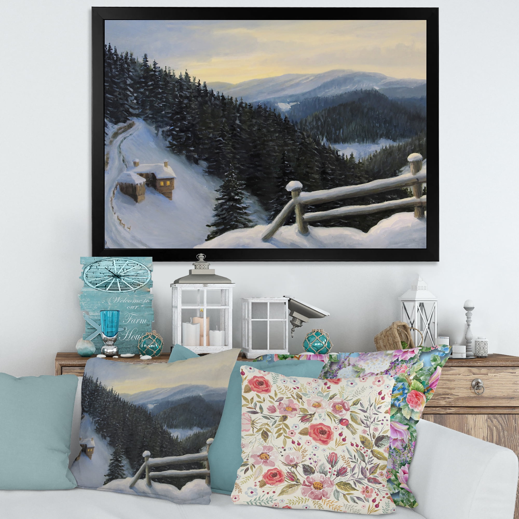 Designart 'View On Snowy Mountain Tops At Evening Glow' Traditional Framed Art Print