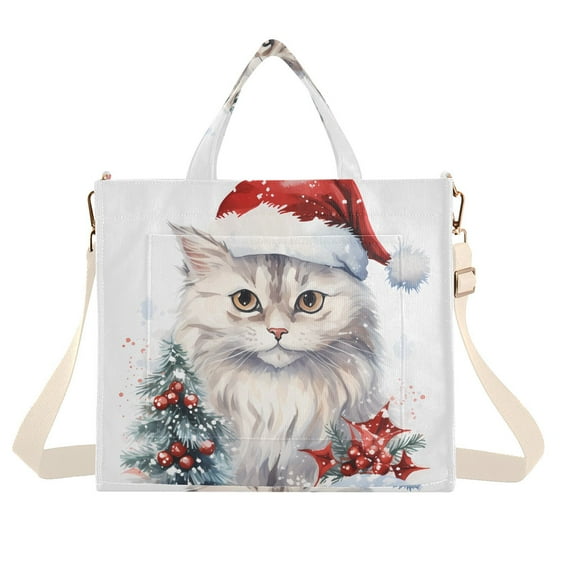 Cat Christmas Snow Corduroy Tote Bag Handbag Large Messenger Bag Shoulder Crossbody Zipper Bag Purse
