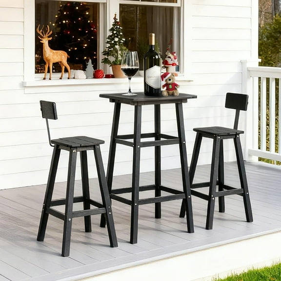3 Piece Patio Bistro Set,Outdoor HDPE Bar Height Furniture Sets with High Top Table and 2 Chairs, Black