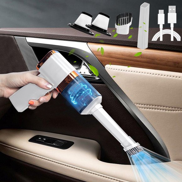 Vrorvz Portable USB Rechargeable Car Vacuum Cleaner with Powerful Suction for Crevices and Keyboard Easy Maneuverability Long Lasting Battery Includes Brush and Extended Nozzle
