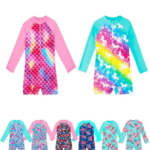 4-12Y Girls Long Sleeve Rashguard One-Piece Swimsuit Beach Surfing Bathing Suit Swimwear