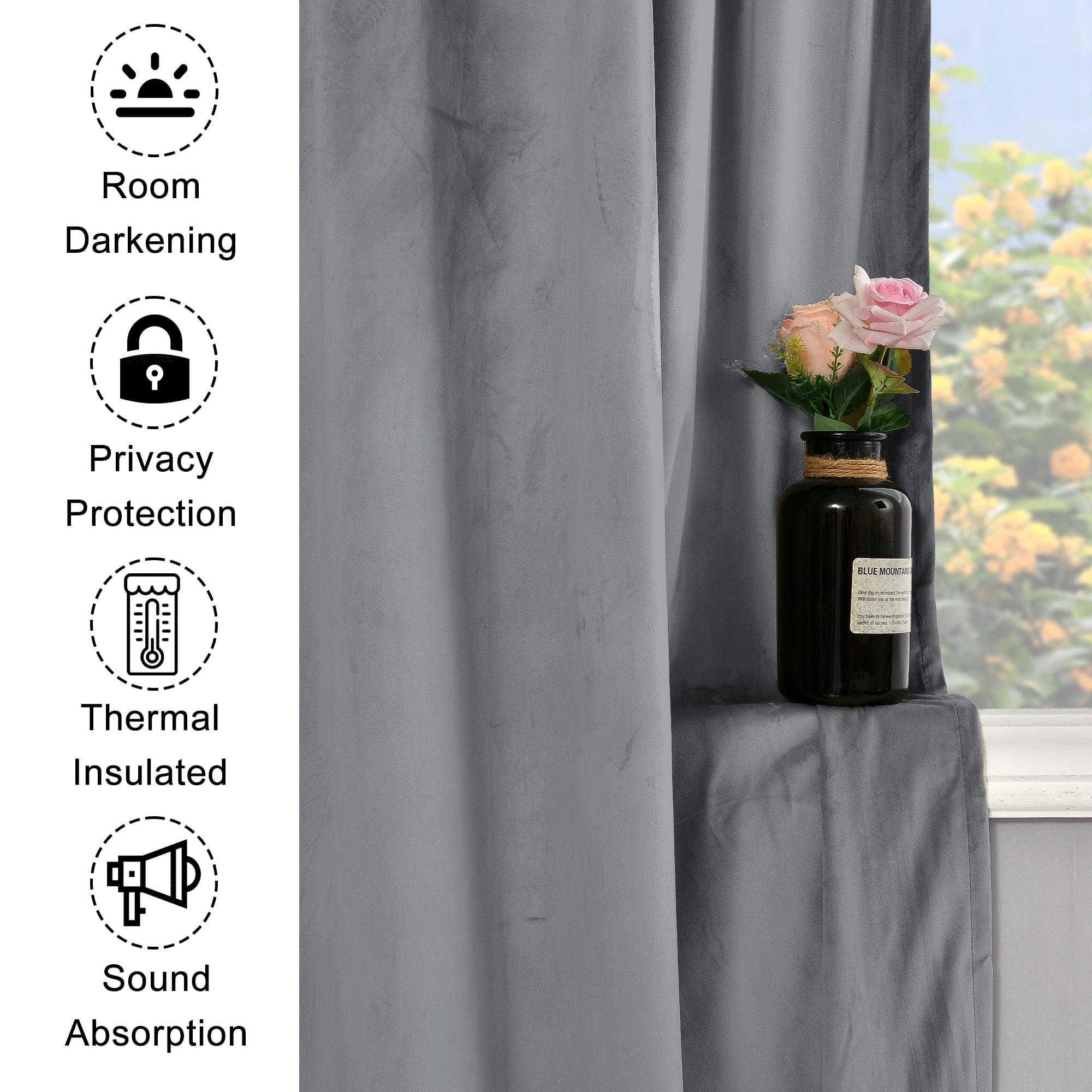 XWZO Velvet Blackout Curtains 96 Inch 2 Panels for Window, Room Darkening Energy Saving Thick Window Treatment Drape for Bedroom/Home Theater/Living Room/Patio/Sliding Door,Grommet, Gray, W52 x L96