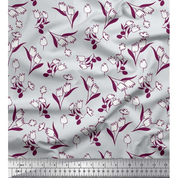 Soimoi Pink Cotton Voile Fabric Leaves & Tulip Floral Print Sewing Fabric Yard 42 Inch Wide