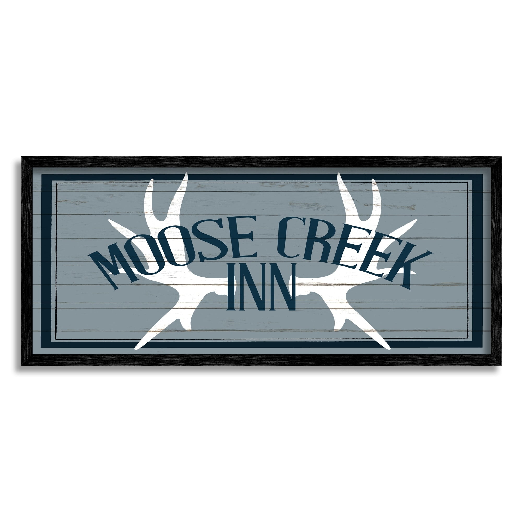 Stupell Industries Blue Moose Creek Inn Sign Rustic Antlers Cabin Theme Framed Wall Art, 30 x 13, Design by Kim Allen