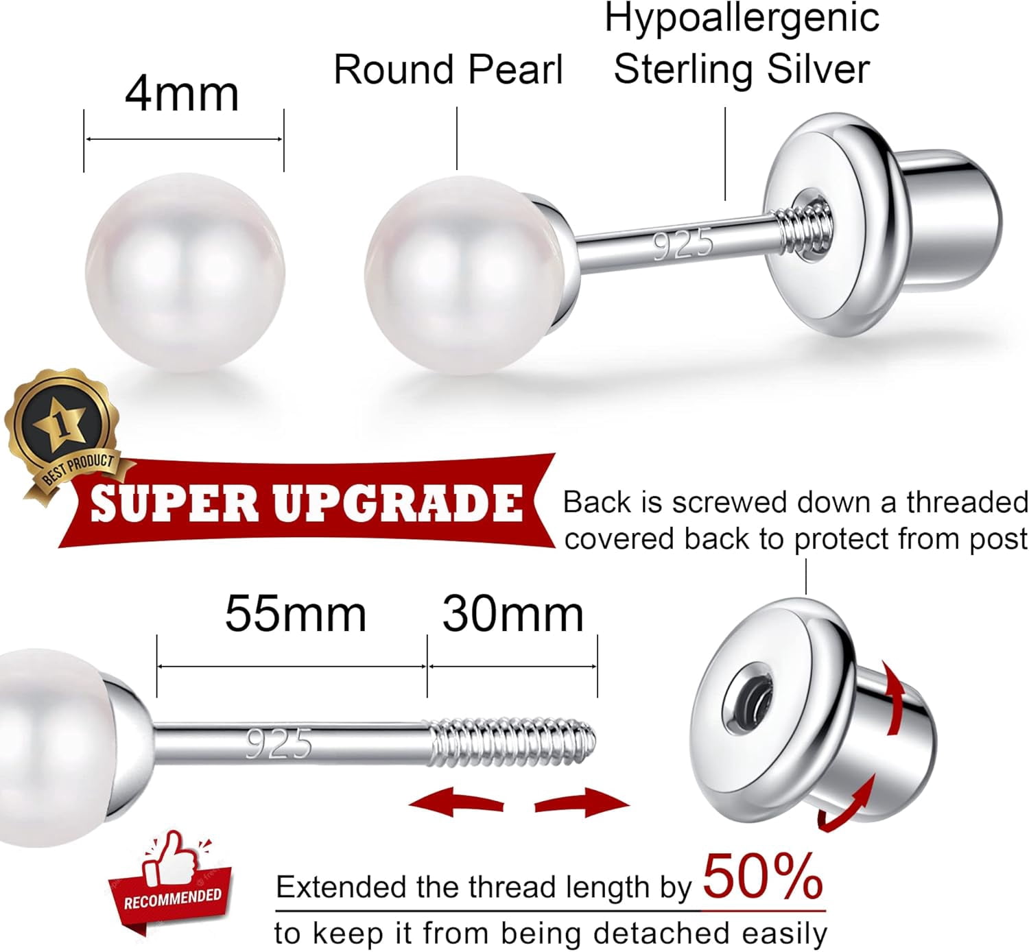 925 Sterling Silver Earrings Stud With Screwback Cubic Zirconia For Women Earring With Screw Backs Cz Hypoallergenic (Cz-White)[Z5960]