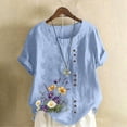 thumbnail image 2 of QIUOMBBP Womens Crew Neck Linen Tshirts Roll Up Short Sleeve Plus Size Floral Print Tops Loose Lightweight Summer Casual Shirts Light Blue XXXXXL, 2 of 5