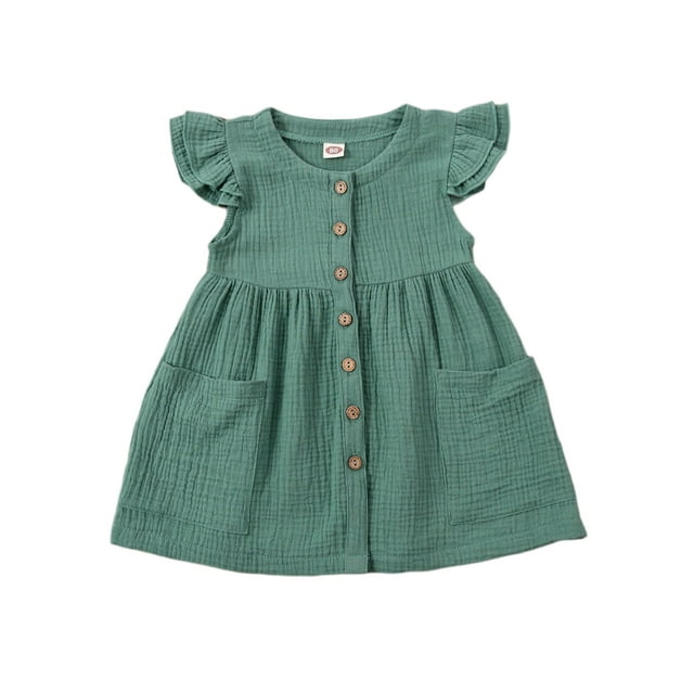 Gupgi Robe à Manches Volantes pour Filles Couleur Unie Col Rond Robes à Simple Boutonnage