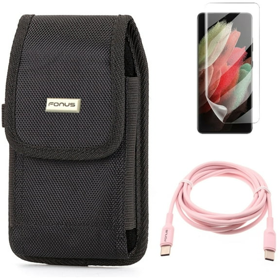 Matte Screen Protector & Pink 6ft Long Cable & Case Belt Clip for Samsung Galaxy S21 Ultra Phone - TPU Film Anti-Glare & USB-C to Type-C PD Fast Charger & Rugged Holster Accessory Bundle