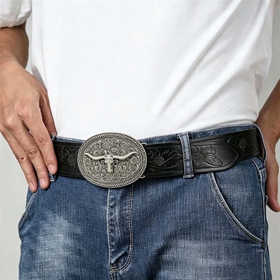 Unisex Western Punk Single‑Row Belt, Retro Floral Embossed Faux Leather Strap, Adjustable Size, Cowboy‑Inspired Casual Jeans Wear, Western Belt Buckle Black 105