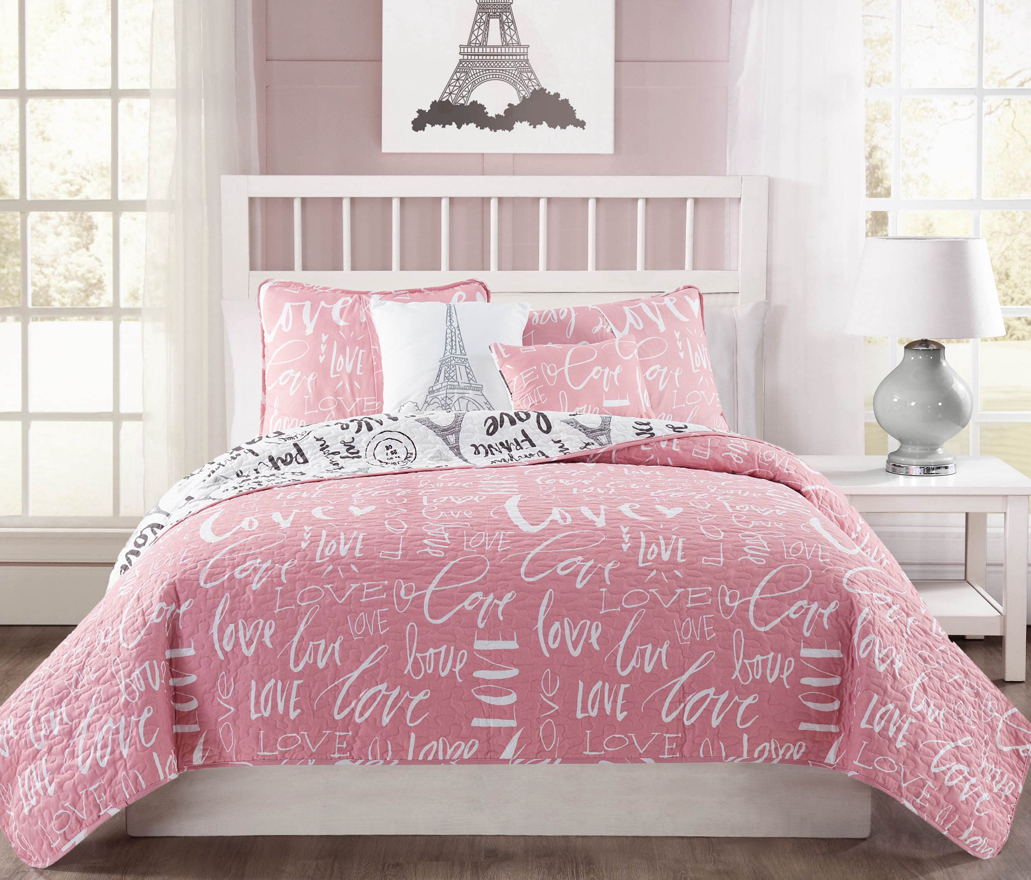 Bedding 4-piece Reversible Quilt Set, Pink/White/Black, Twin, Bonjour by Quaint Home