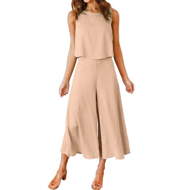 ICHUANYI Liquidación Conjunto De Pantalones Cortos Sin Mangas con Cuello Redondo De Algodón Y Lino para Mujer, Top, Pantalones De Pierna Ensanchada, Conjunto De Pantalones Largos ICHUANYI WER202308253848