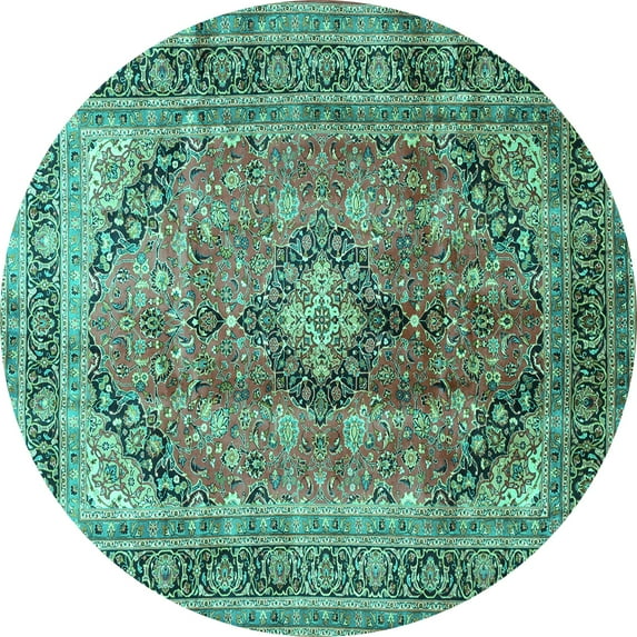 Ahgly Company Machine Washable Indoor Round Medallion Turquoise Blue Traditional Area Rugs, 7' Round