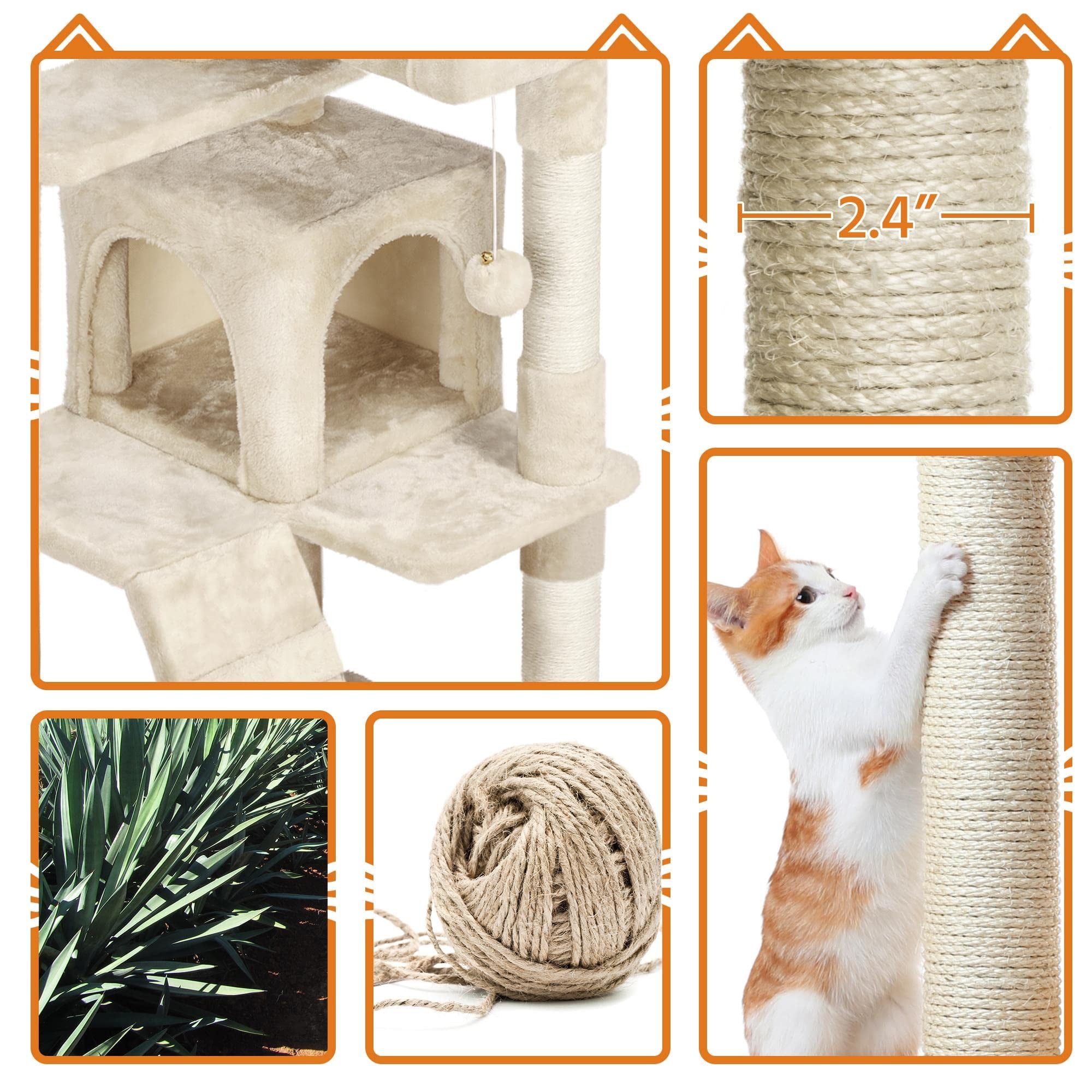 Cat Tree Tower 61in for Indoor Cats, Multi-Level Design with Scratching Posts, Perches, Platforms, Sisal Rope Scratchers, Safe Leaping Space for Kittens, Beige