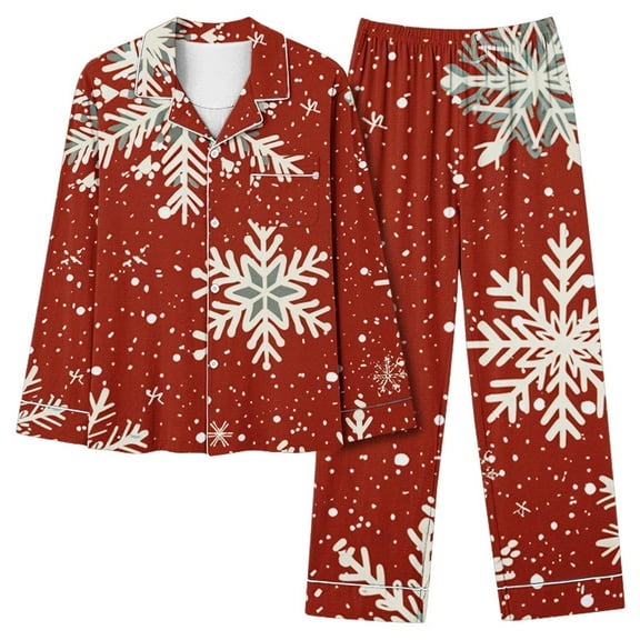 Lorytime Christmas Pjs Sets for Women Snowflakes Long Sleeved Collared Tops Elastic Waist Pants Cozy Sleepwear Gift