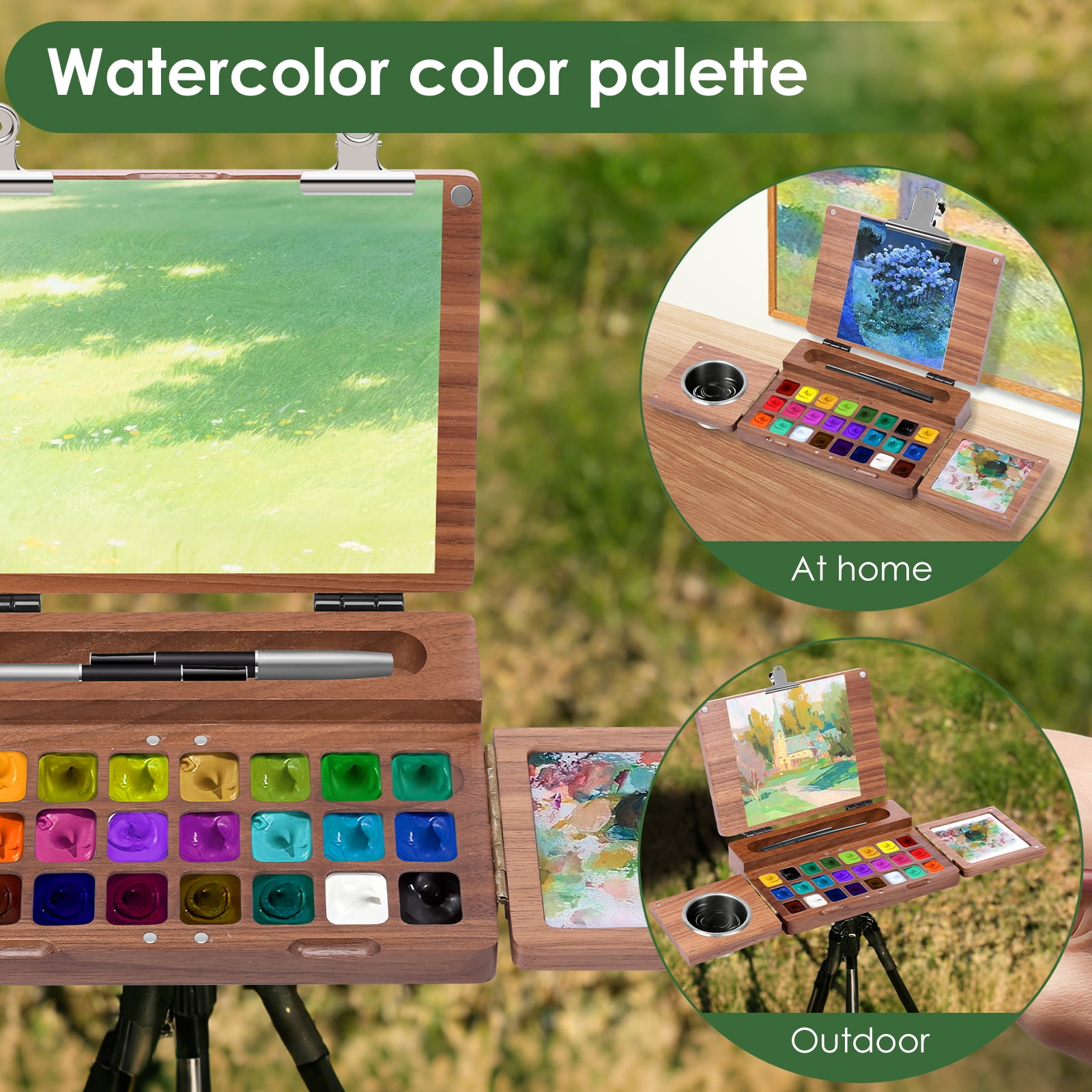 Threns Portable Travel Watercolor Paint Box – 24 Grids Wooden Foldable Watercolor Palette for Plein Air Painting - Designed for Travel Artist Painter