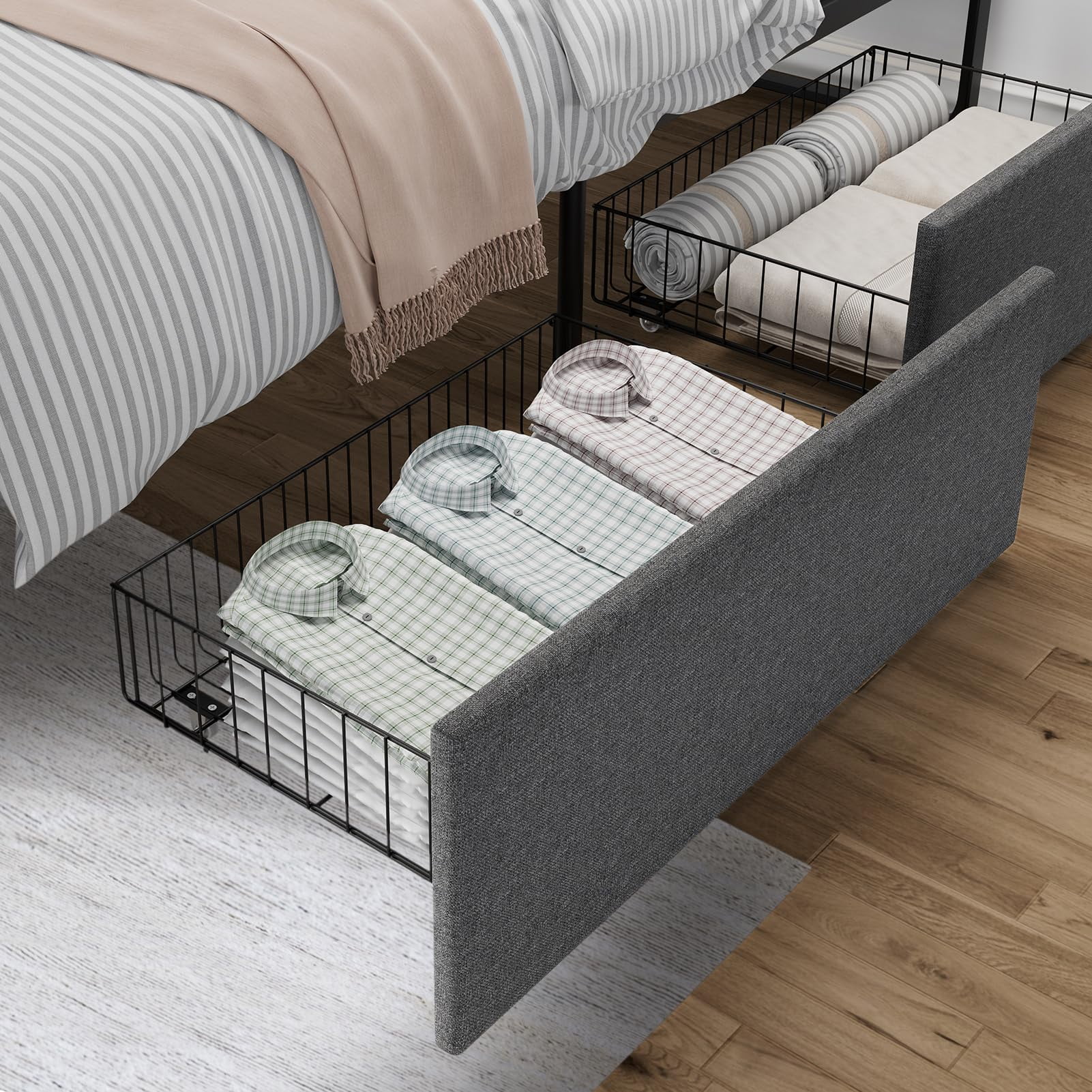 Full/Queen Size Bed Frame with 2 Storage Drawers, Upholstered Platform Bed Frame with Headboard, Mattress Foundation with Steel Slats Support, No Box Spring Needed