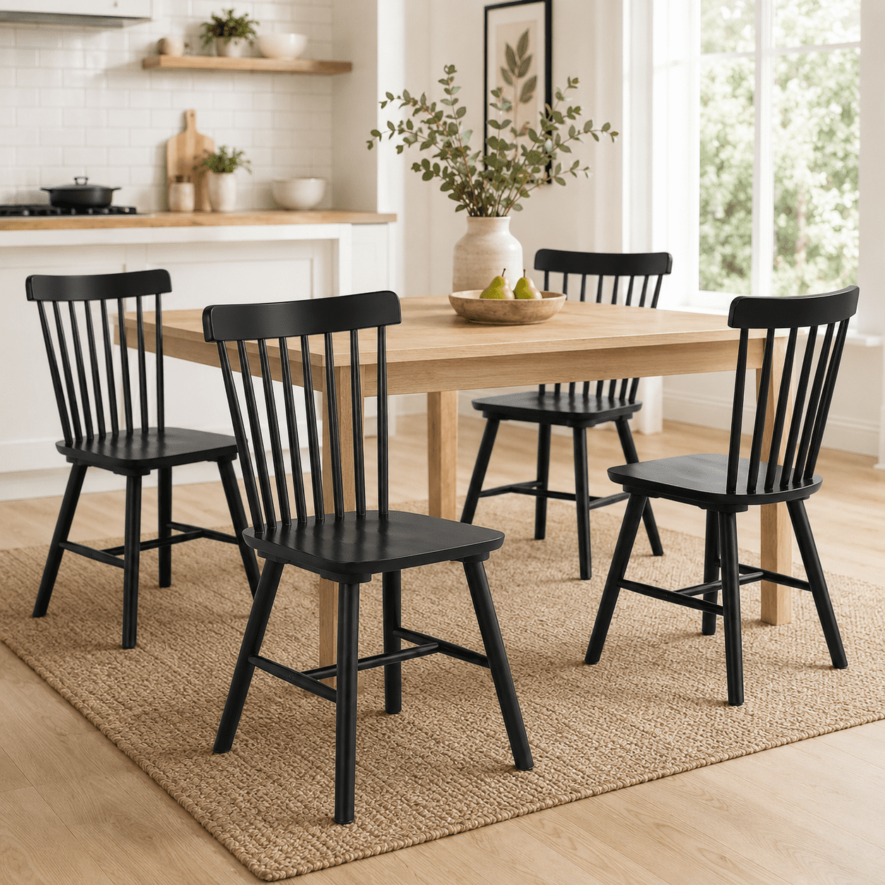 Fancrou Farmhouse Windsor Dining Chairs Set of 4, Spindle Back Wood Chairs for Kitchen and Living Room, Country Style Restaurant Seating, Black