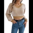 thumbnail image 3 of Suéter Corto de Mujer con Cuello en V y Larga, Jersey de Punto Caqui L, 3 of 10