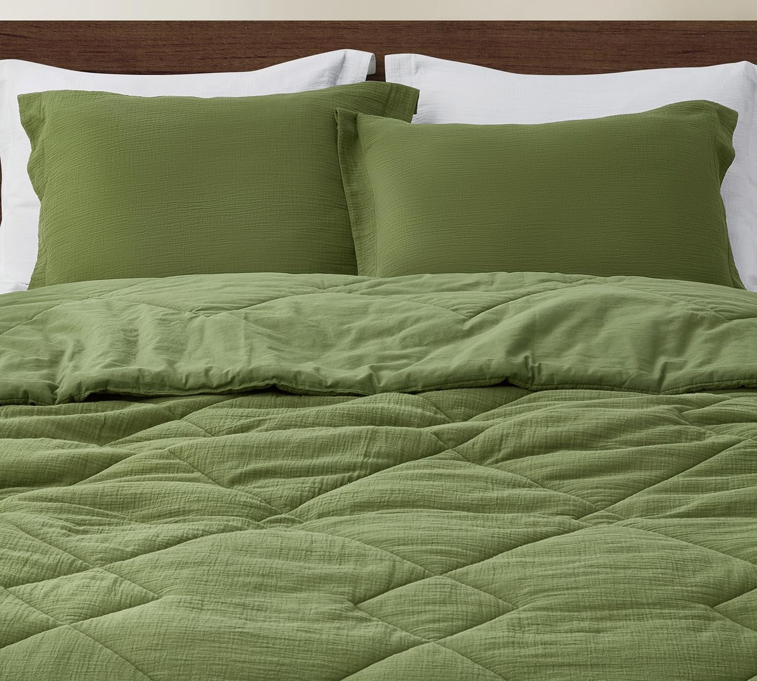 Chezmoi Collection Skye 3-Piece 100% Cotton Muslin Thin Comforter Set Queen, Olive Green Reversible Soft Washed Cotton Gauze Breathable Lightweight Summer Blanket