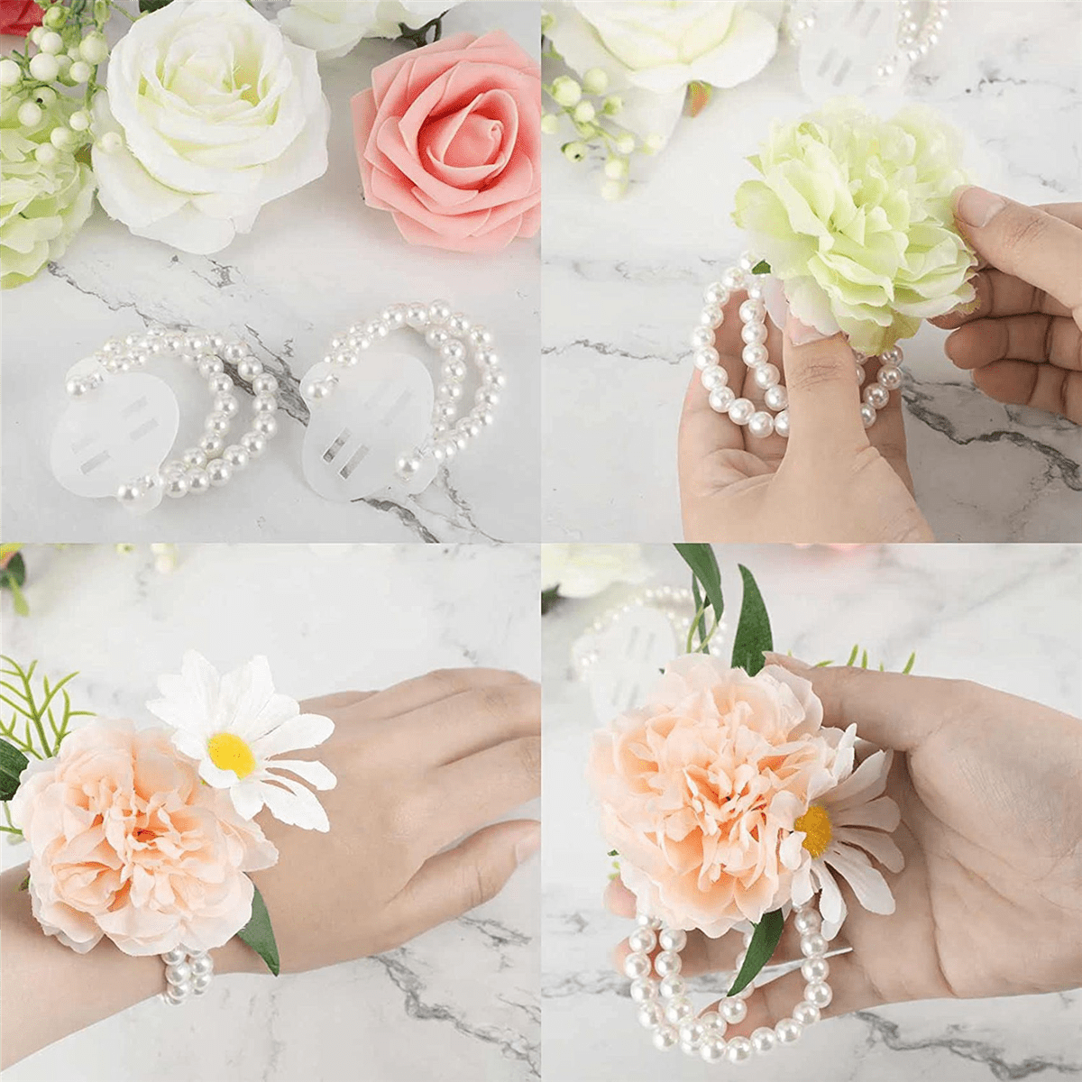 64Pcs Elastic Pearl Wrist Bands Corsage Accessories Wedding Wrist DIY Decor for Wedding Beach
