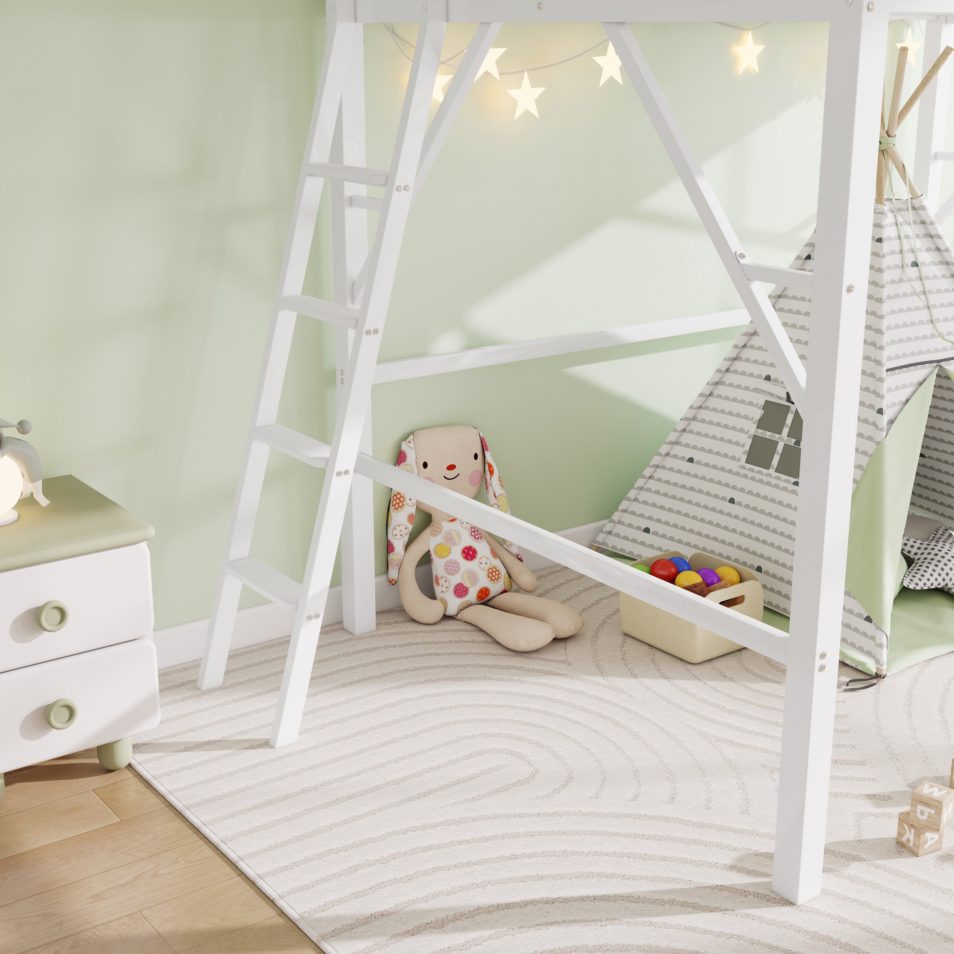 Leumius Full Size Loft Bed with Ladder and Storage Shelves,Metal High Loft Bed for Bedroom,White