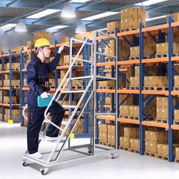 LIOOBO  6 Step Rolling Ladder, Carbon Steel, White, Safe and Versatile for Warehouse