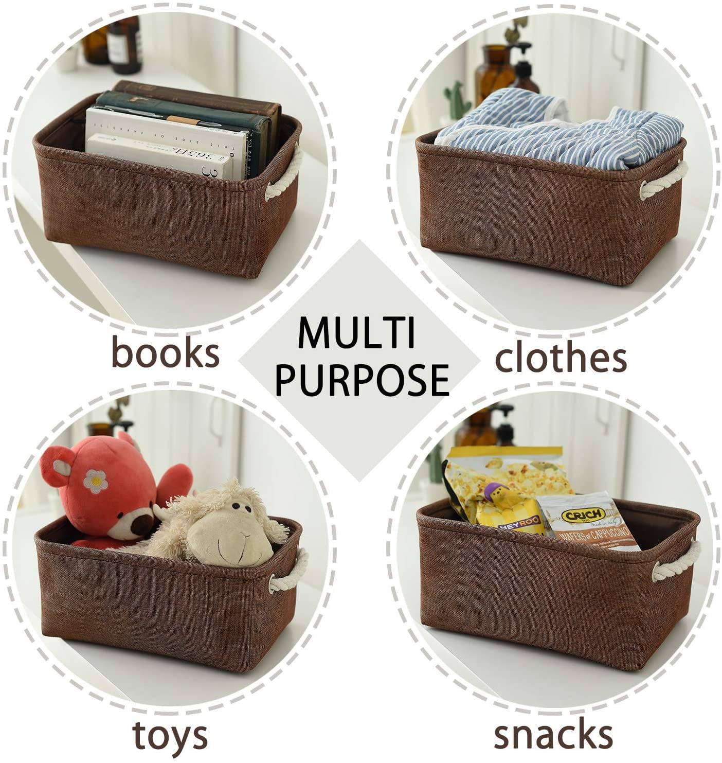 Tegance Small Storage Baskets for Shelves, Storage Cube Organizer, Storage Bins, 12 x 8 x 5 Inches, Rectangle Canvas Fabric Collapsible Shelf Box with Handles, Brown