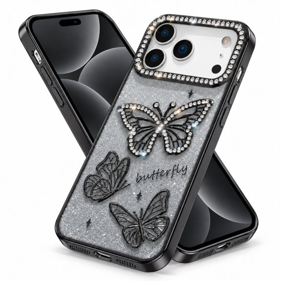 Dteck Bling Diamond Butterfly Case for iPhone 17 Pro Max, Cute Sparkle Glitter Diamond Crystal Rhinestone Protective Cover for Girls Women, Black