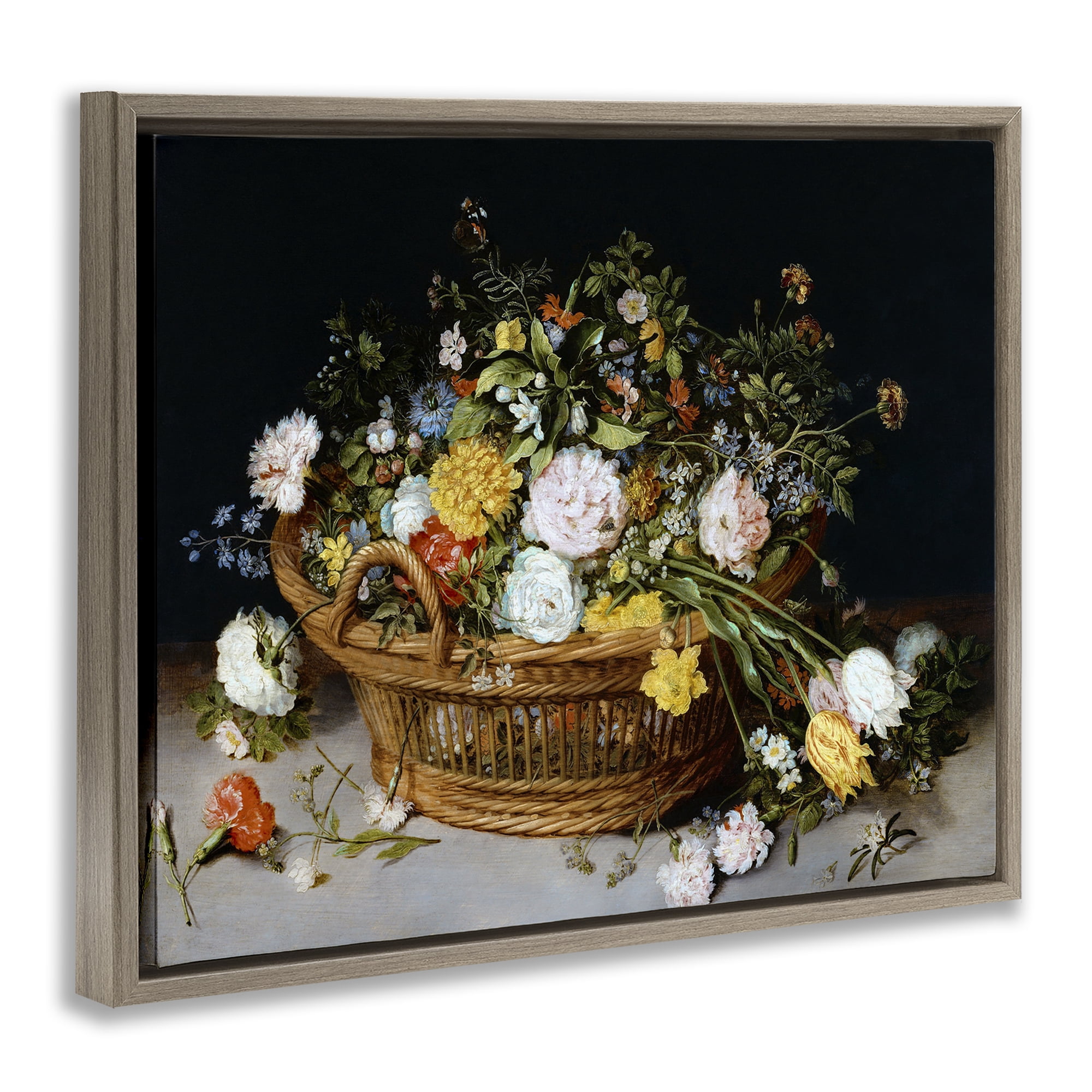 Stupell Industries Vintage Flower Basket Plants & Flowers Painting Brown Floater Framed Canvas Art Print Wall Art, 21 x 17