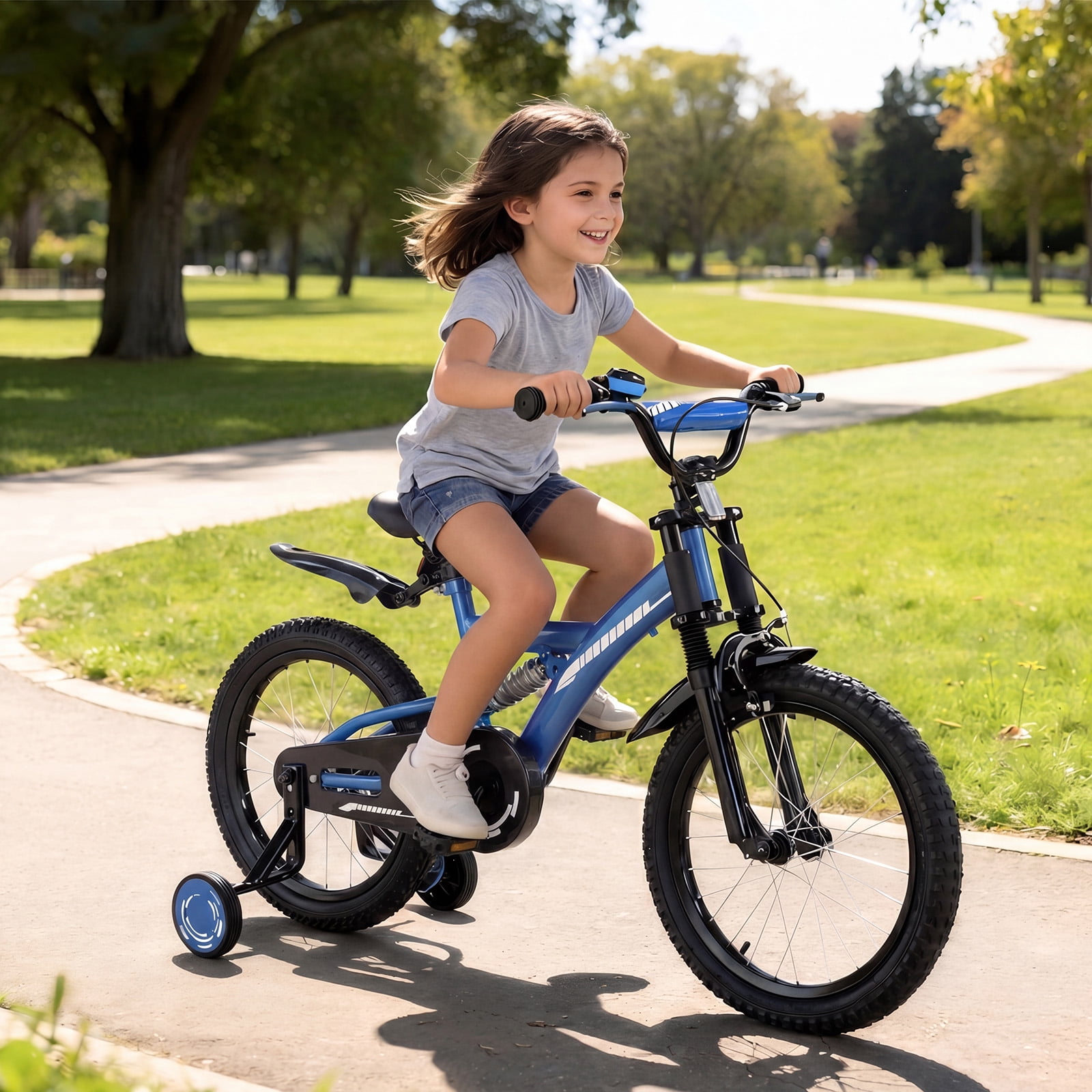 SUGIFT 16 Inch Kids Bike for Boys Girls Ages 4-7, Training Wheels, Handbrake and Bell, Blue