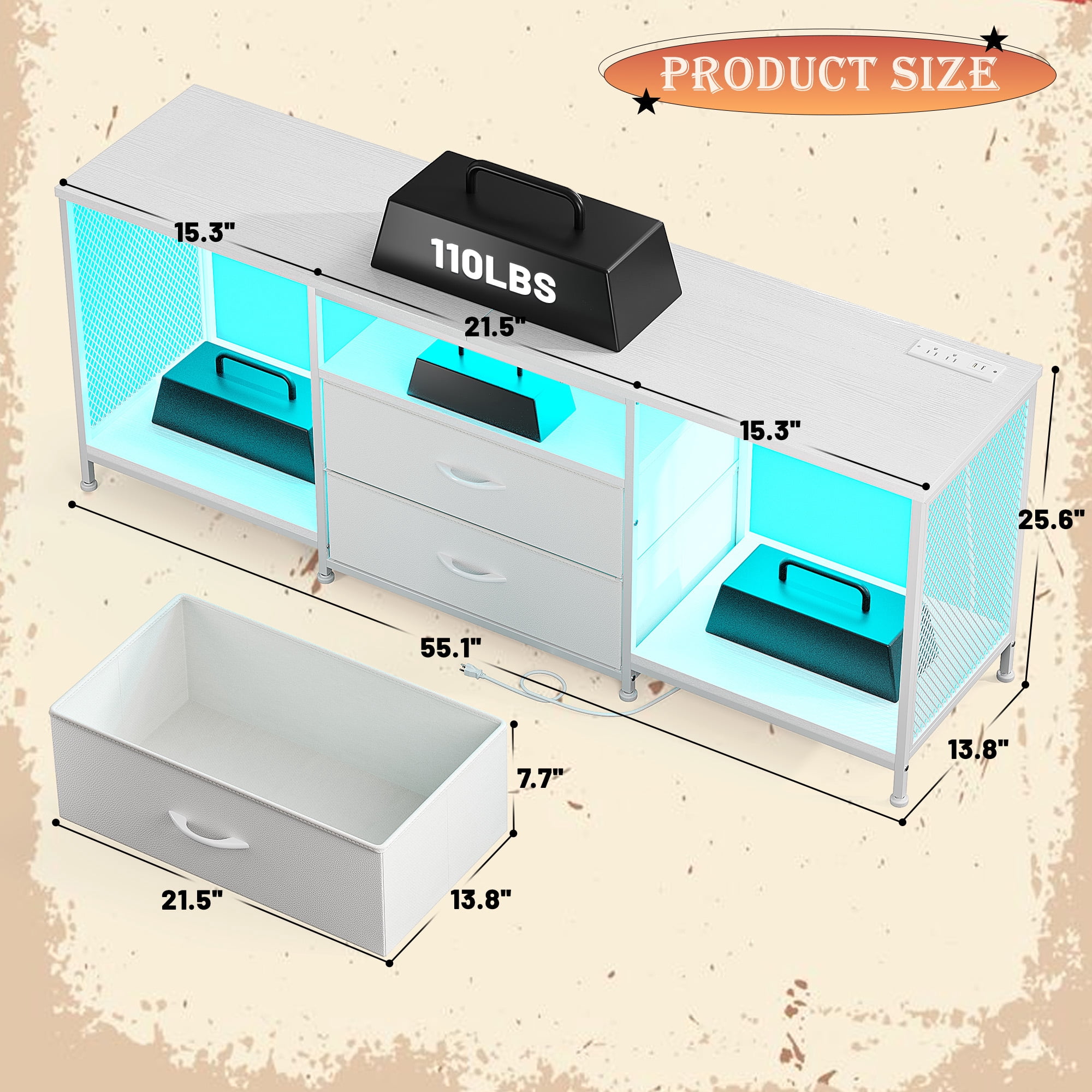 Dresser with Power Outlets & LED Lights Dresser for Bedroom with 2 Drawers TV Stand with Open Storage Shelves,White