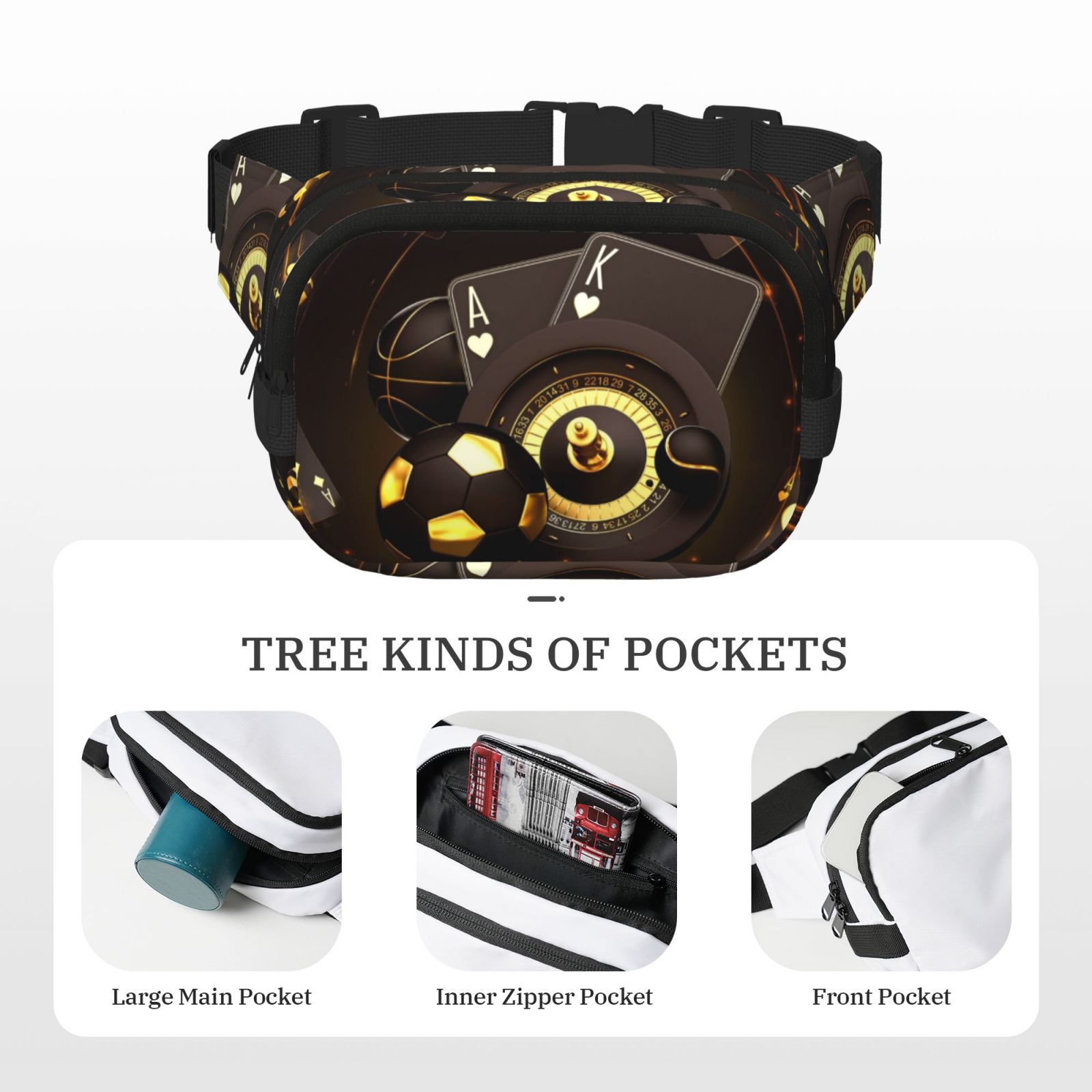 Picia Casino Card Soccer Print Square Double-Layer Waist Bag Mini Adjustable Waist Belt Bag Exercise Running Travel Hiking