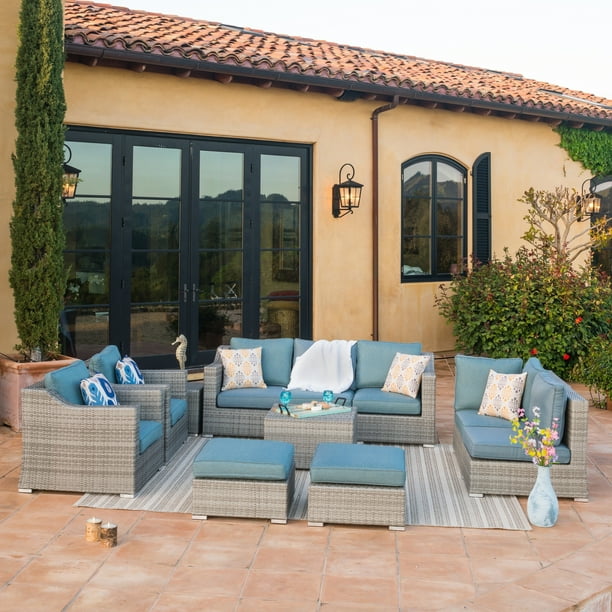 Corvus Martinka 11 Piece Grey Wicker Outdoor Sectional Furniture Set With Blue Cushions Com - Grey Wicker Patio Furniture Blue Cushions Corvus Martinka 11 Piece Grey Wicker Outdoor Sectional Furniture Set With Blue Cushions Com - Grey Wicker Patio Furniture Blue Cushions
