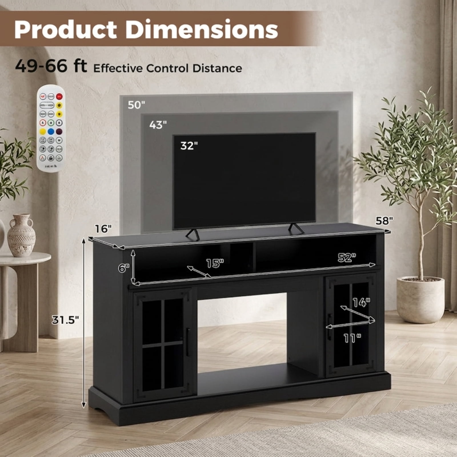 Furnibear 58 Inch TV Stand Entertainment Center with LED Lights and Remote Control Adjustable Shelf and Storage for Living Room, Black