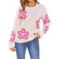 thumbnail image 2 of Floral Sweaters for Women Contrast Color Striped Crew Neck Long Sleeve Loose Knit Pullover Tops Apricot L, 2 of 10