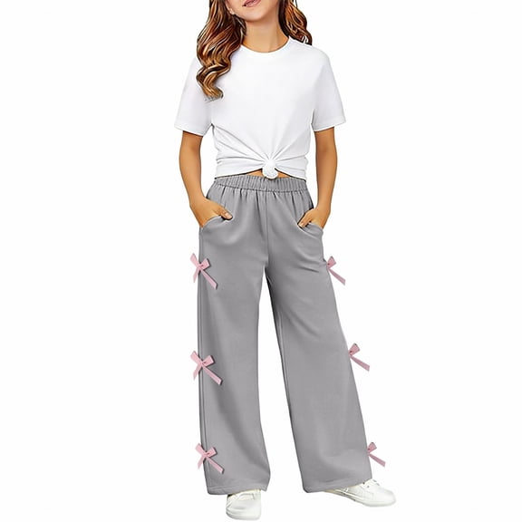 XXWXYD Girls Bow Wide Leg Baggy Sweatpants Elastic Waist Pockets 𝖸𝟤𝖪 Pants Tween Bottoms Kids Baggy Trousers 4-15T