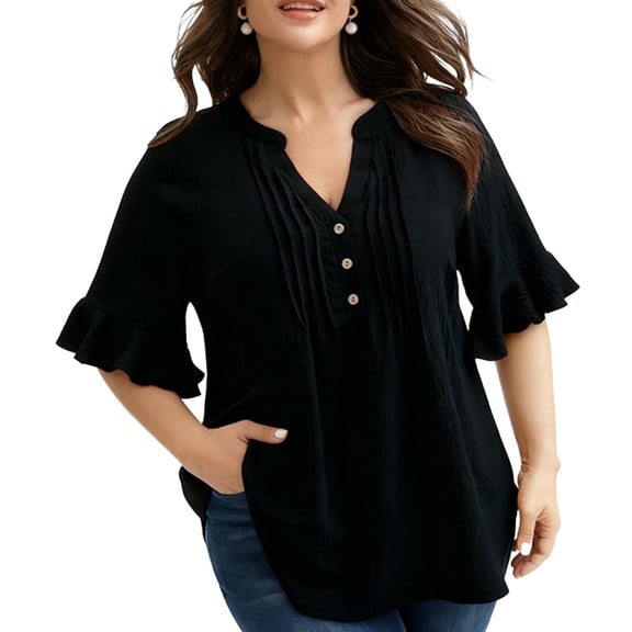 YUGYXL Women's Loose Fit Plus Size Tops Ruffle 1/4 Sleeve Blouse V Neck Pleated Front Button Down Shirts Casual Tunic Black L