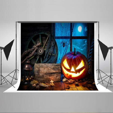 Image of MOHome 7x5ft Happy Halloween Thriller Night Moon Funny Welcome Bakcdrop Pumpkin Face Golden Glitter Wood Floor Wheel Photography Background