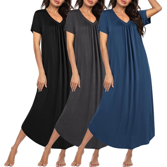 Ekouaer 3 Pack Long Nightgowns for Women Plus Size House Dress Short Sleeve Night Gown V Neck Casual Nightshirt