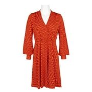 Adrianna Papell V-Neck Long Sleeve Multi Print Jersey Dress-DEEP RUST DOT / L