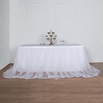 Efavormart 14Ft White Extra Long 48" Two Layered Tulle & Satin Table Skirt For Wedding Party Decoration