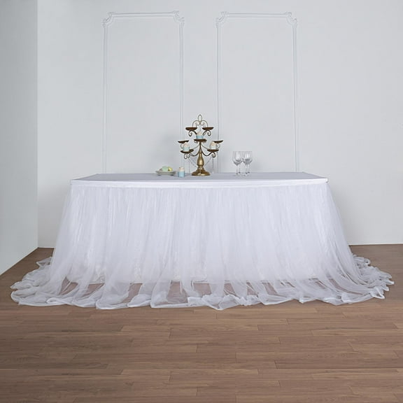 Efavormart 14Ft White Extra Long 48" Two Layered Tulle & Satin Table Skirt For Wedding Party Decoration