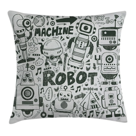 Robot Throw Pillow Cushion Cover, Futuristic Space Doodle Style Androids Sci Fi Pattern Fantasy Machine Art Print, Decorative Square Accent Pillow Case, 18 X 18 Inches, Grey Light Grey, by